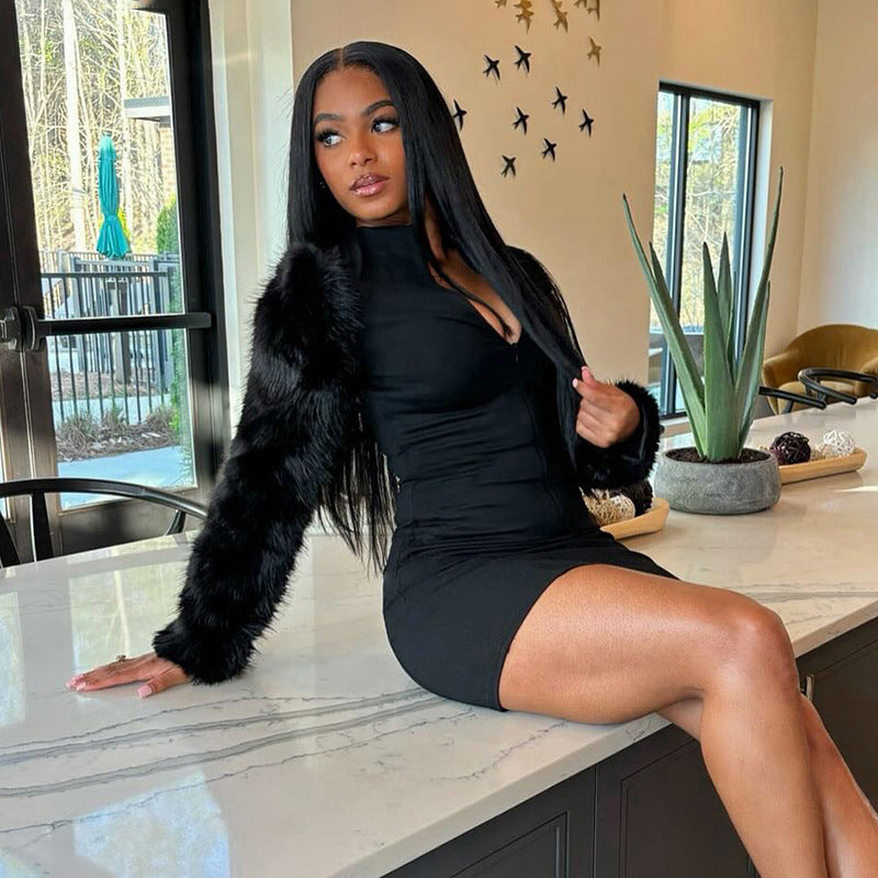 Women Autumn Zipper Neck Long-Sleeved Fur Paneled Sexy Bodycon Dress 13