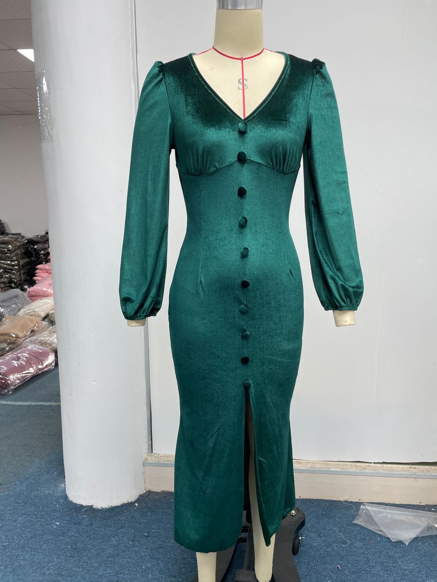 Women Autumn Knittingv Collar Solid Padded Shoulder Long Sleeve Slit Evening Dress 32