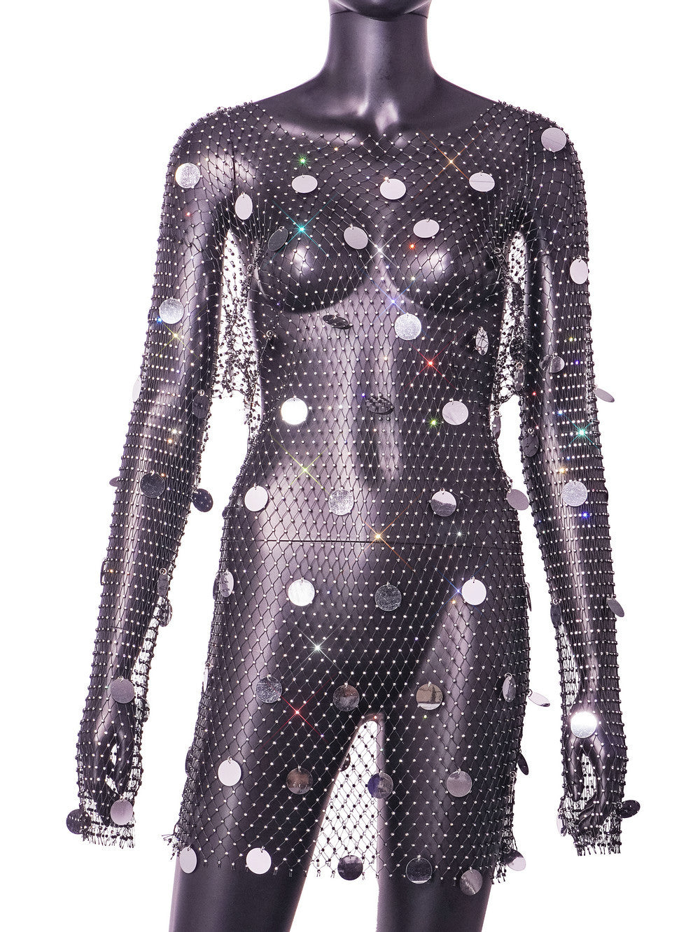 Sexy Diamond Beads Seequins Fishnet See Through Dress 7