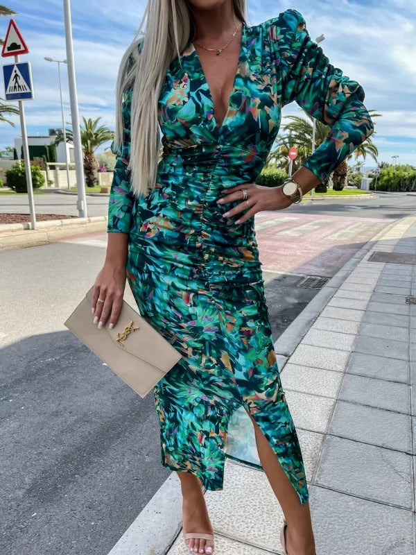 Women Spring Puff Long Sleeve Slit V Neck Print Dress 4