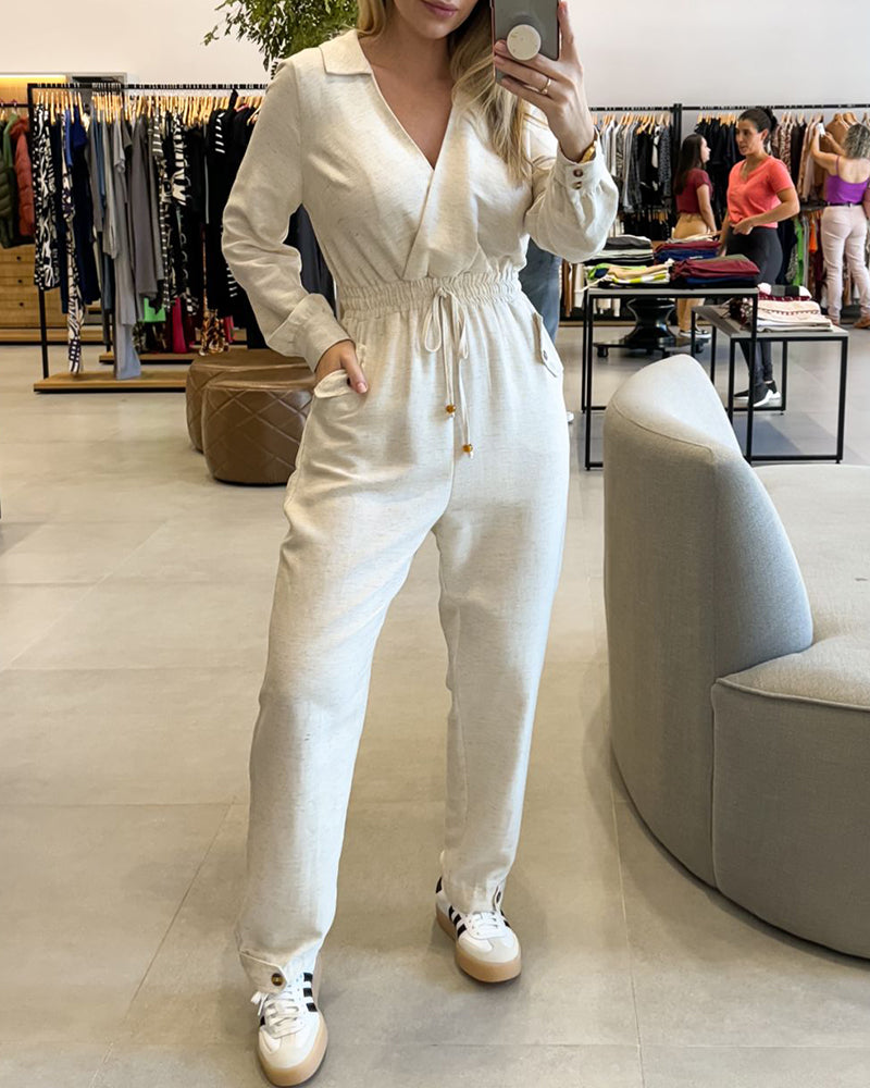 Women Turndown Collar Long Sleeve Drawstring Lace-Up Patch Pocket Cuff Jumpsuit 5