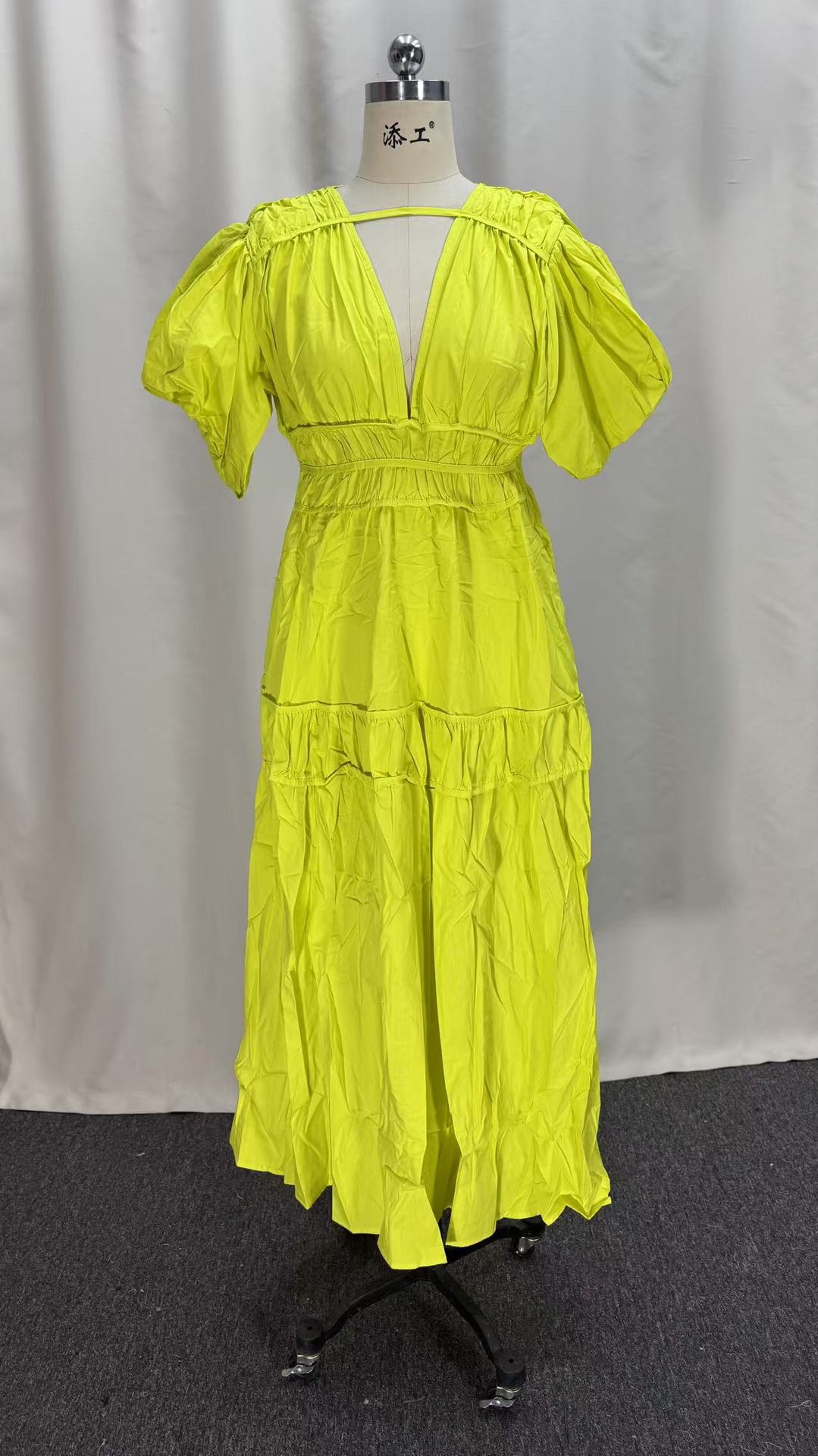 Women Spring V-Neck Zipper Puff Sleeve Hollow Maxi Dress 5