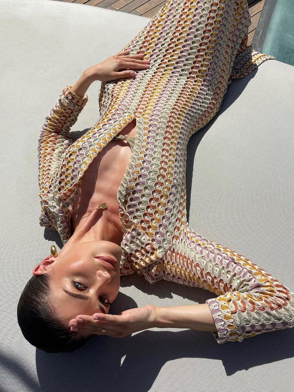 Women crocheted hollow low-cut V-neck slit long dress 7