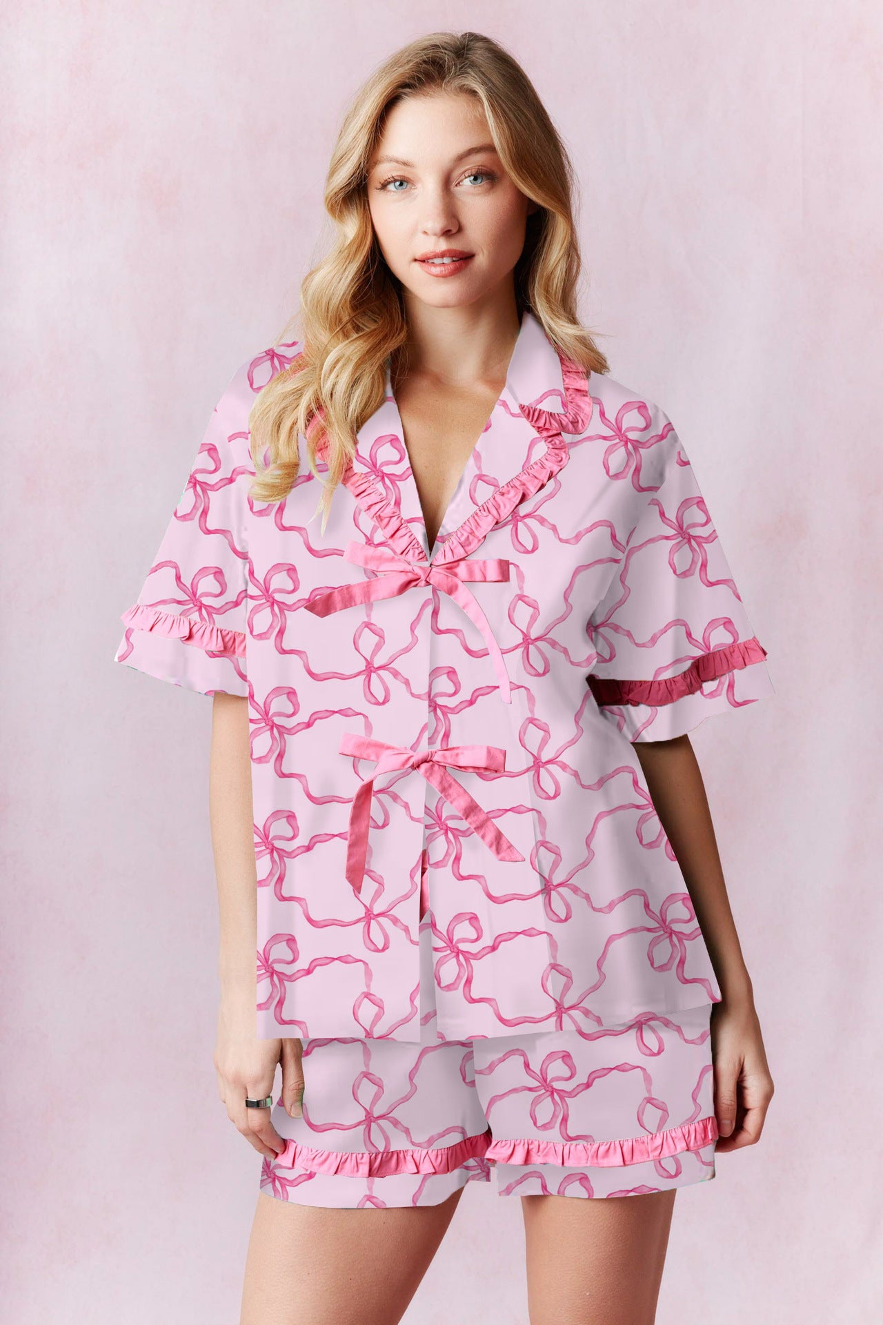 Women Print Turndown Collar Button Short Sleeve Lace-Up Top and Shorts Two Piece 3