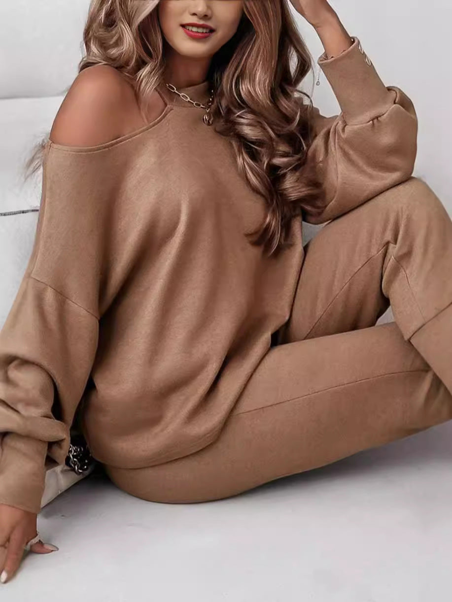 Women's Fashion Casual Solid Color Sexy Long Sleeve Single Shoulder Two Piece Pants Set 9