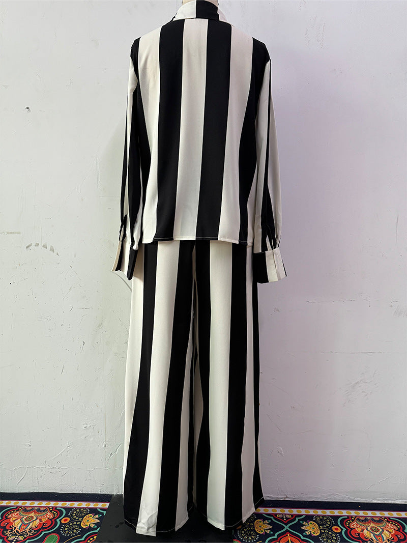 Black & White Striped Button Pocket Shirt Wide-Leg Pants Set 5