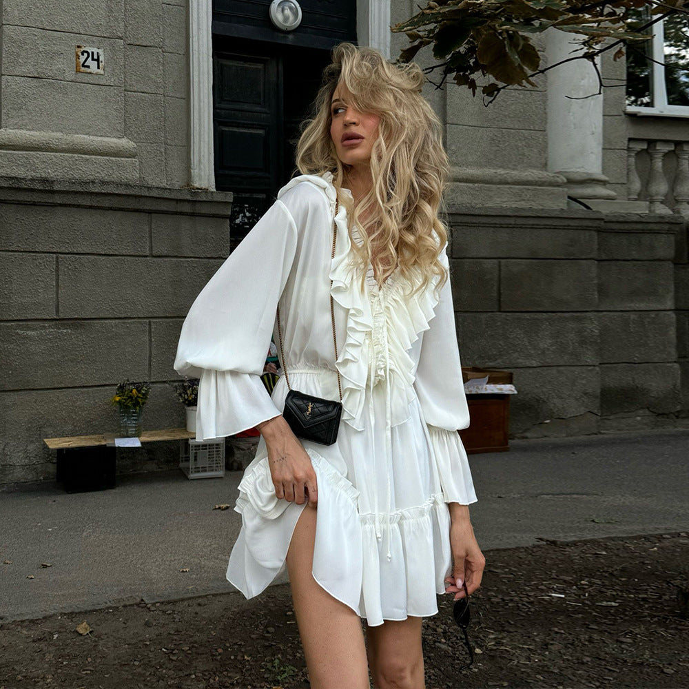 Women's Autumn Bell Bottom Sleeve V-neck Short Chiffon Dress 7