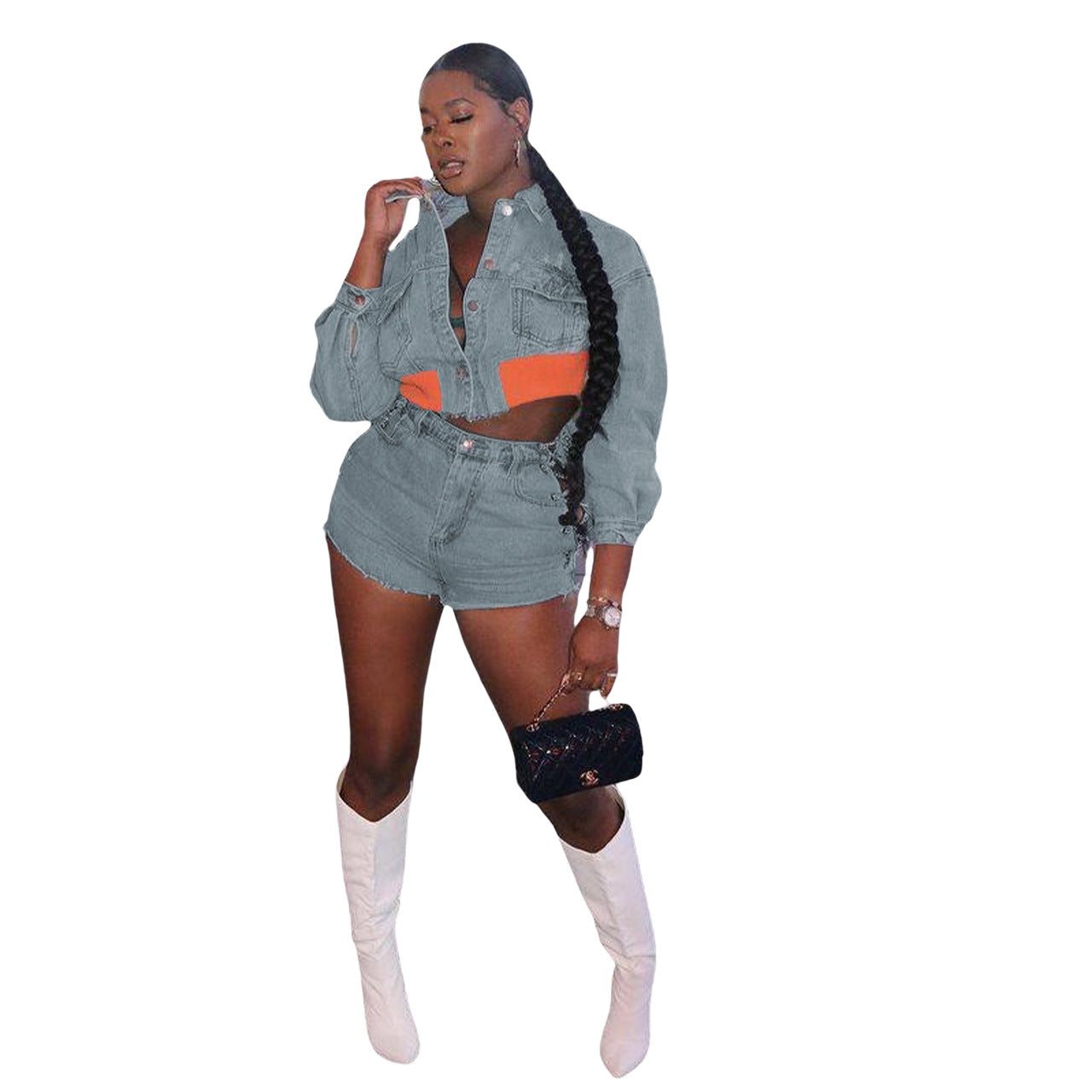 Fashionable Denim Suit Casual Denim Jacket Shorts Set