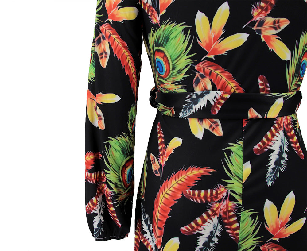 Plus Size Women Feather Print Sexy Slit Dress 28