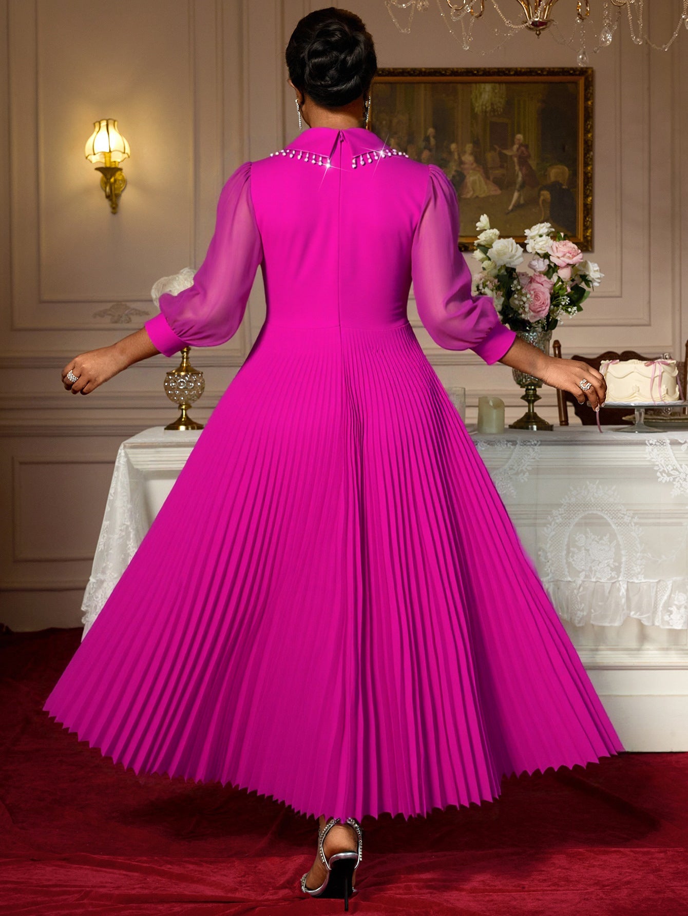 Plus Size Women's V-Neck See-Through Long Sleeve Elegant Pleated Long Dress