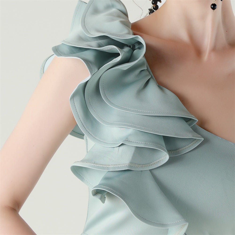 Women One-Shoulder Beaded Wool and Floral Satin Slit Sexy Evening Dress 84