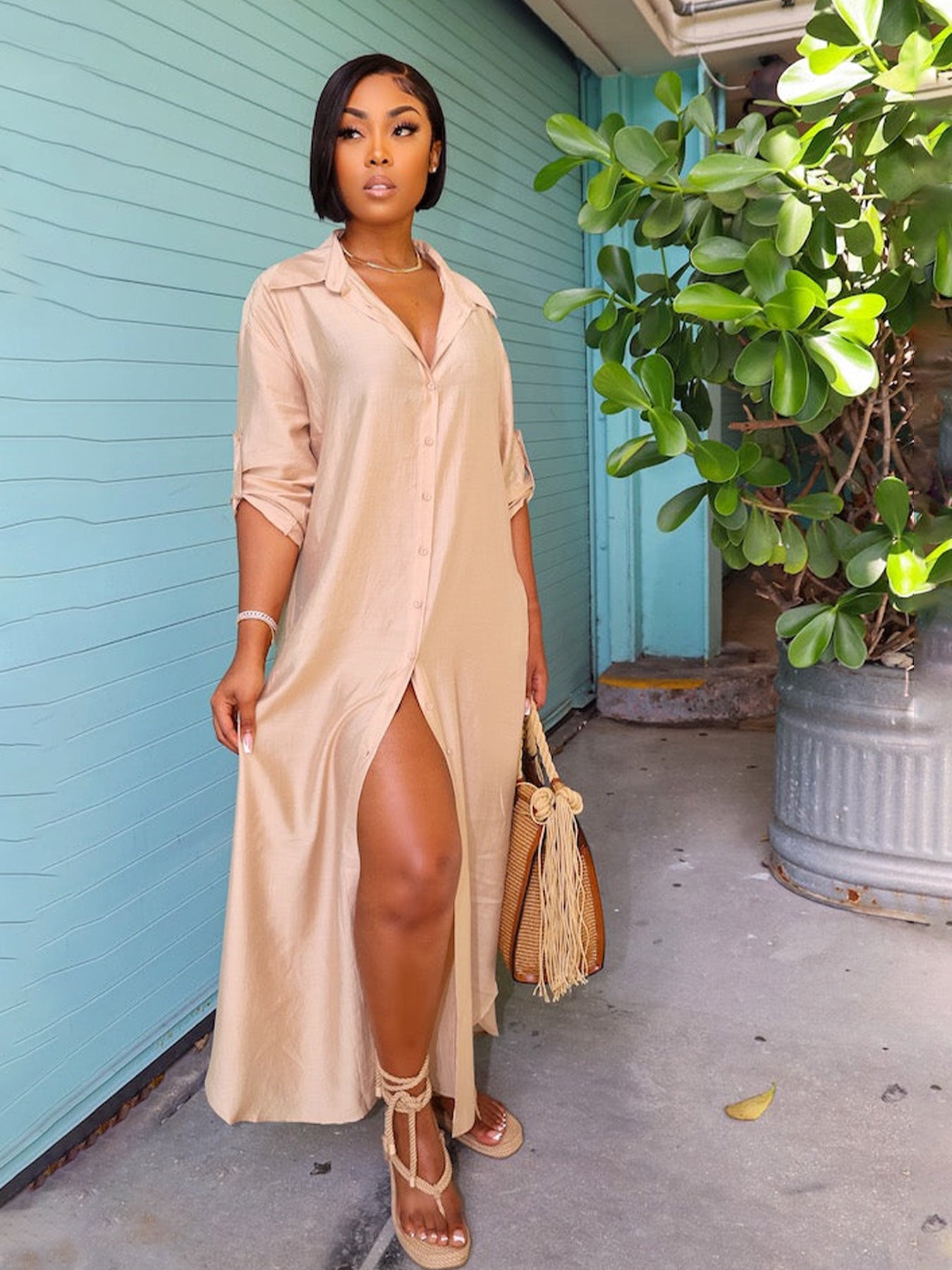 Women Shiny Satin Loose Casual Shirt Dress 5