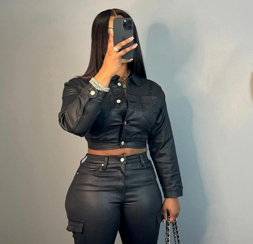 Autumn Winter Suit Leather Jacket Pants Two Piece Set 4