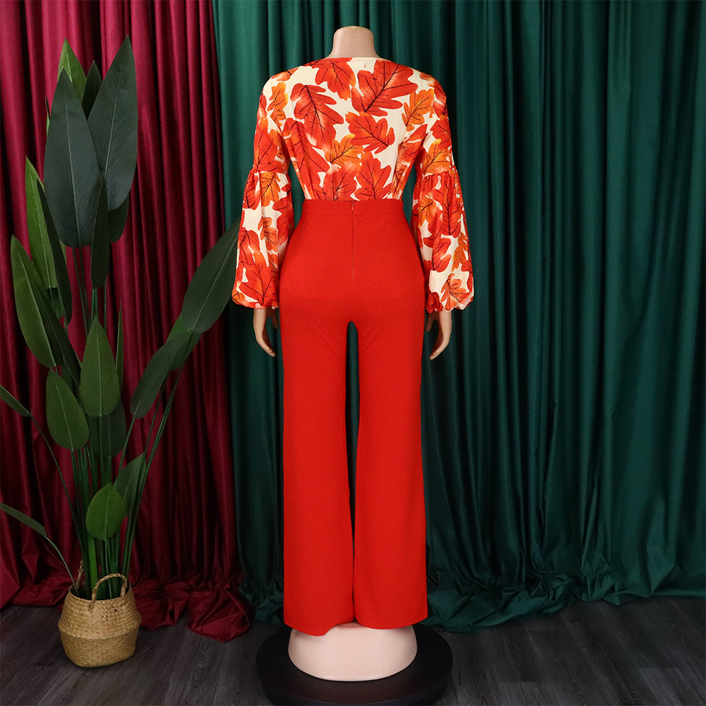 Plus Size Women's Fashion Print Lace-Up Top Wide Leg Pants Two-Piece Set 15