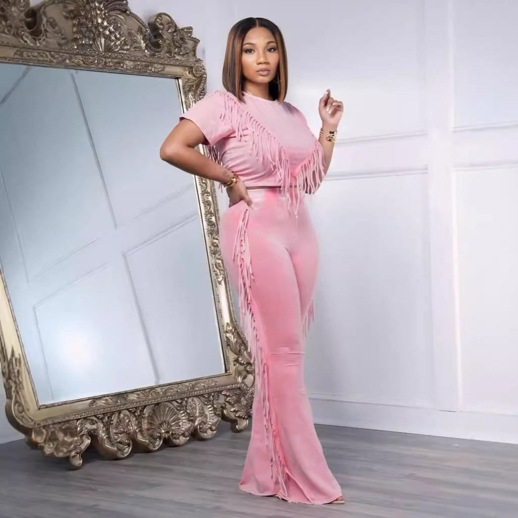 Solid Color Casual Short Sleeve Tassel Wide Leg Two-Piece Pants Set 7