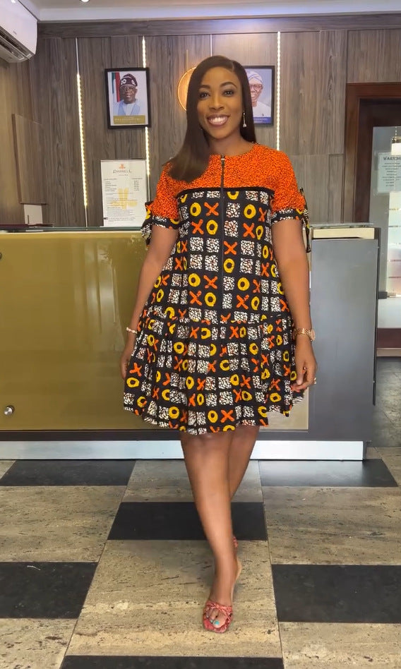 Women elegant zipper contrast color pleated Lace-Up Dress 3