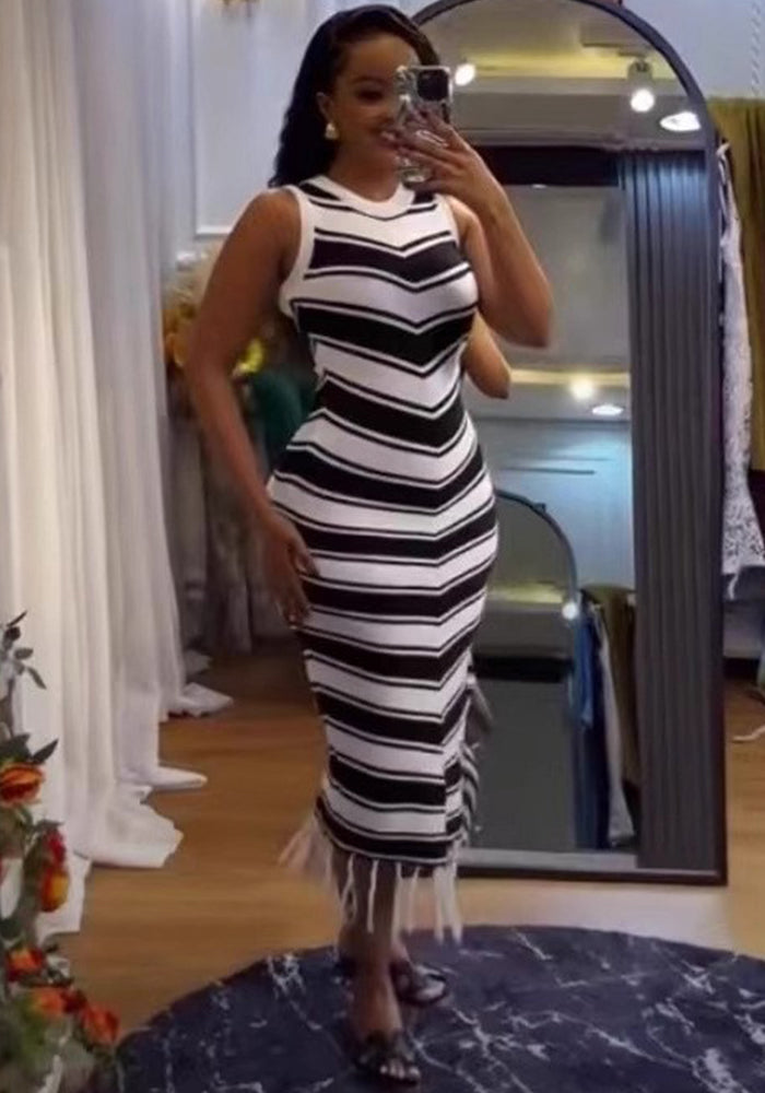 Tight Fitting Striped Tassel Sweater Dress Slim Fit Knit Fashionable Elegant Dress