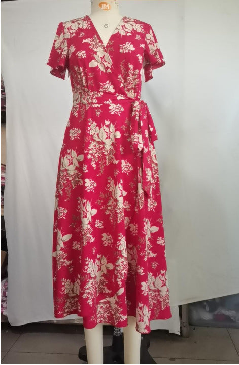 Women Spring and Summer Casual V-neck Printed Holidays Dress 4