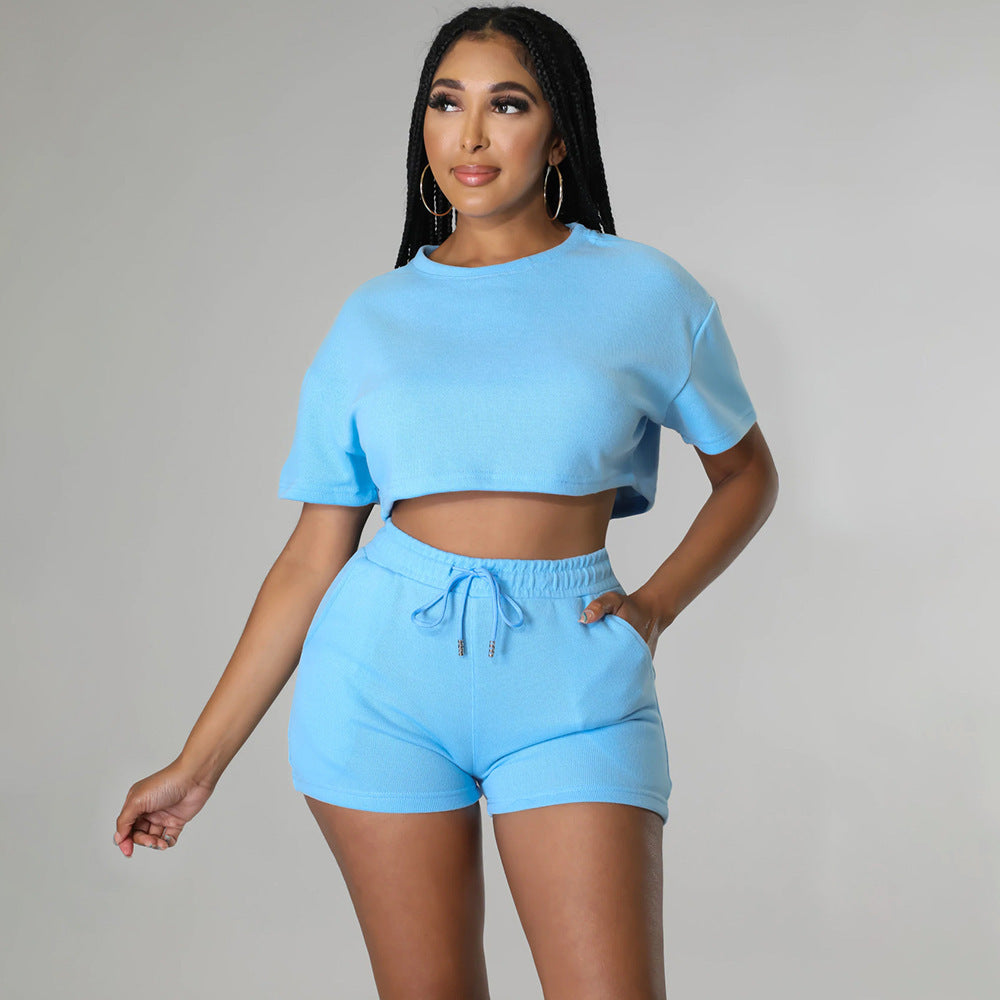 Women sports Casual Solid Crop Top and Shorts two-piece set 12