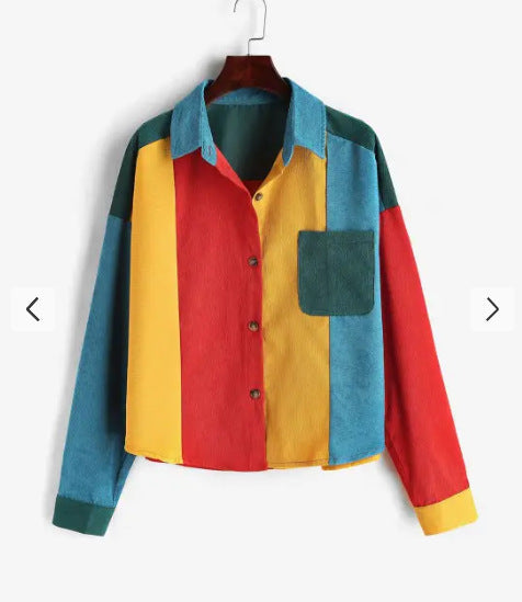 Women corduroy Patchwork Casual Loose Contrast Jacket 8