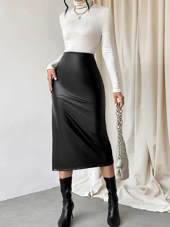 Black Sexy Autumn Winter Mid-Length PU Leather Skirt 3