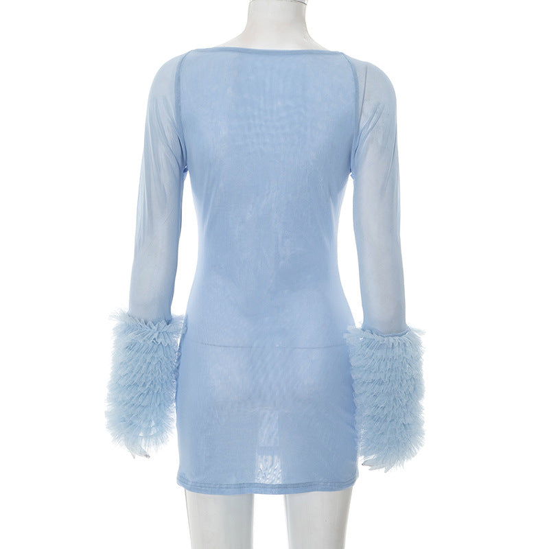 Women's Mesh Cross Hollow Out Long Sleeve Fuzzy Cuff Tight Fitting Bodycon Short Dress 9