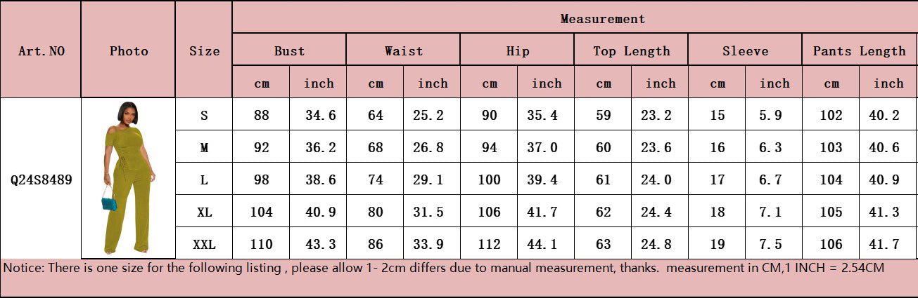 Women's Spring  Slash Shoulder Short Sleeve Pleated Slim Sexy Two-Piece Pants Set 13