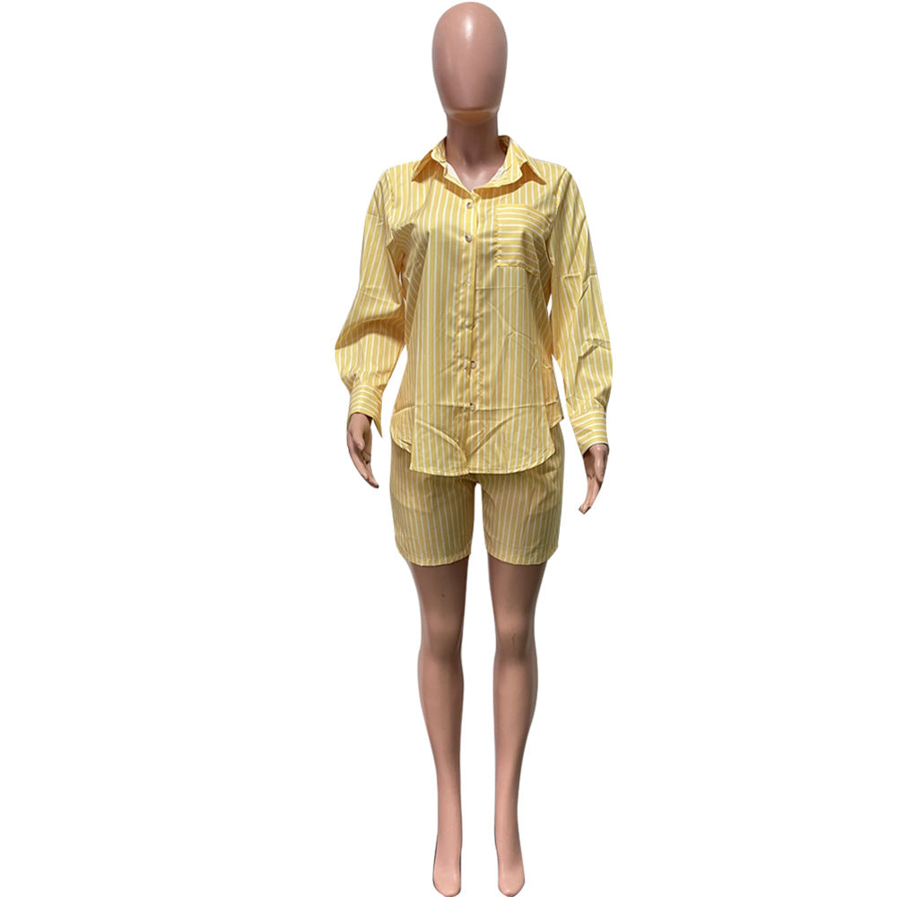 Women's Fashion Casual Stripe Patch Pocket Summer Shirt Shorts Two-Piece Set 22
