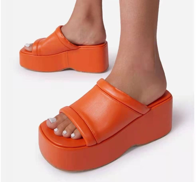 Summer Peep-Toe Sexy High Heel Rubber Wedge Faux Leather One-Line Platform Women's Slippers Outdoor Wear 5