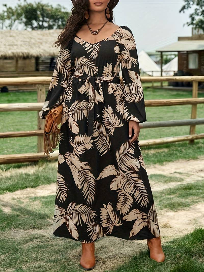 Autumn Print Lantern Sleeve Slim Waist Plus Size Dress 3