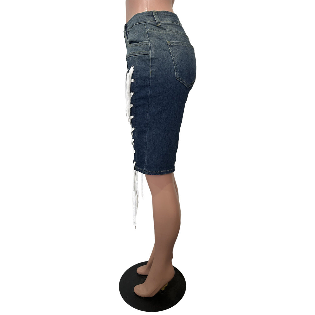 Women Retro Lace-Up Street Stretchy Washed Denim Shorts 9