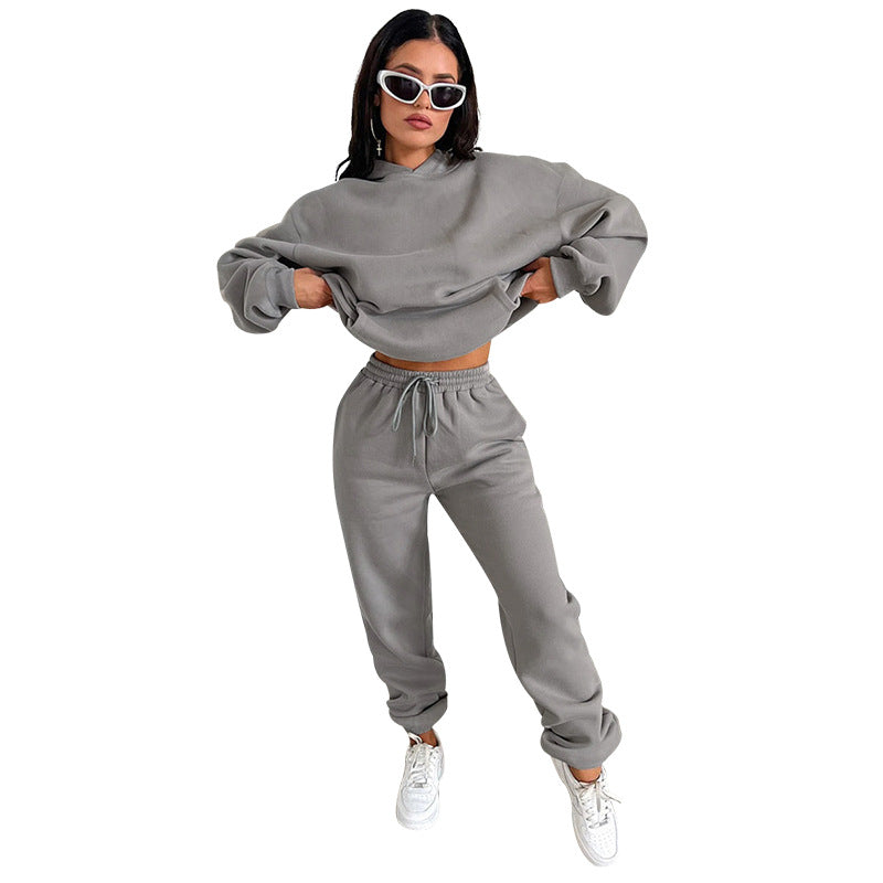 Fall Winter Solid Color Long Sleeve Hoodie Pants Women's Fashion Casual Tracksuit Two Piece Set 9