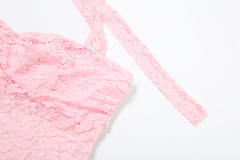 Summer Fashion Chic Elegant Lace Patchwork Halter Neck Slit Long Dress 24