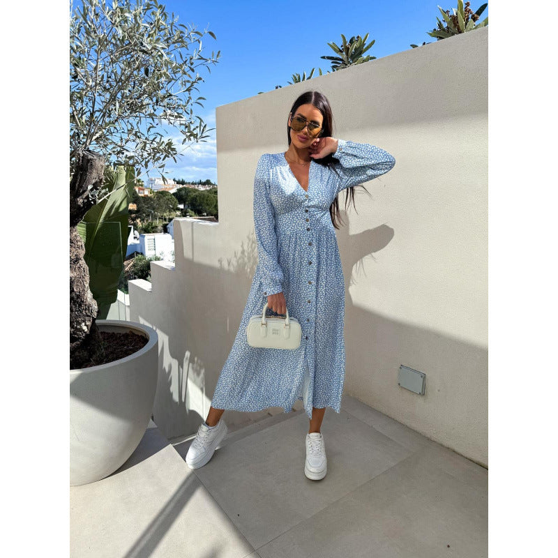 Long-Sleeve Floral Slim Waist Casual Dress 10