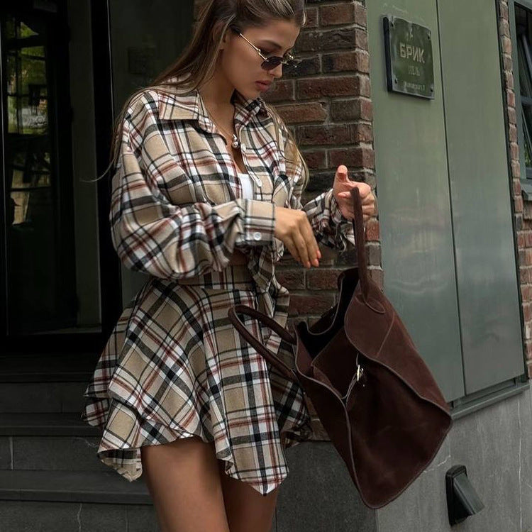 Women American long-sleeved plaid shirt irregular skirt two-piece set 3