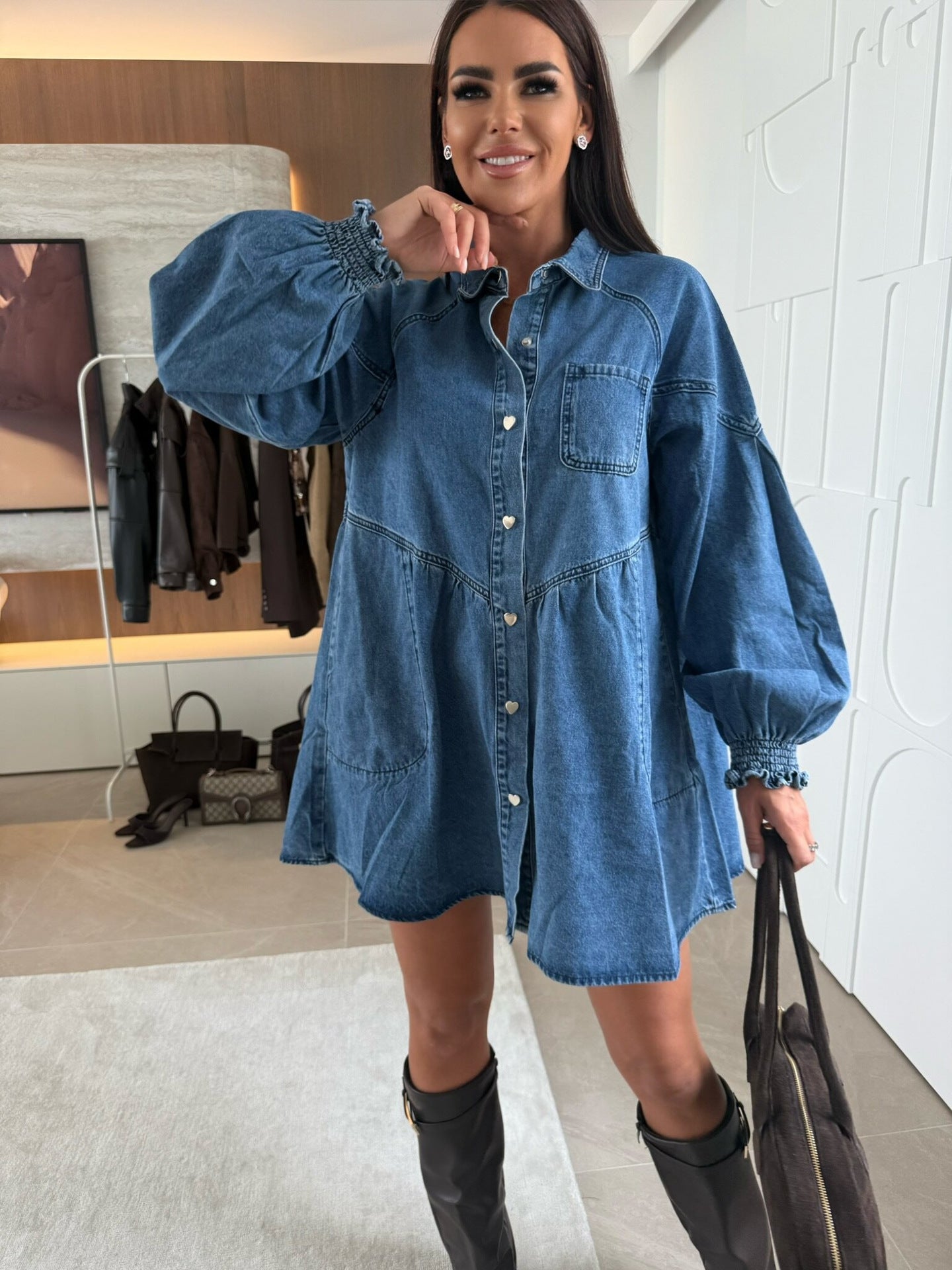 Women Casual Shirt Button-Down Long-Sleeved Denim Dress 3