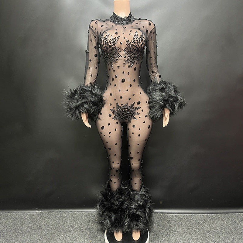 Women Sexy Style Fluffy Mesh See-Through Jumpsuit 13