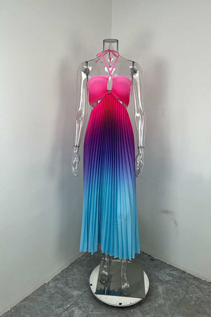 Women summer gradient Halter Neck pleated beach Holidays Maxi Dress 27