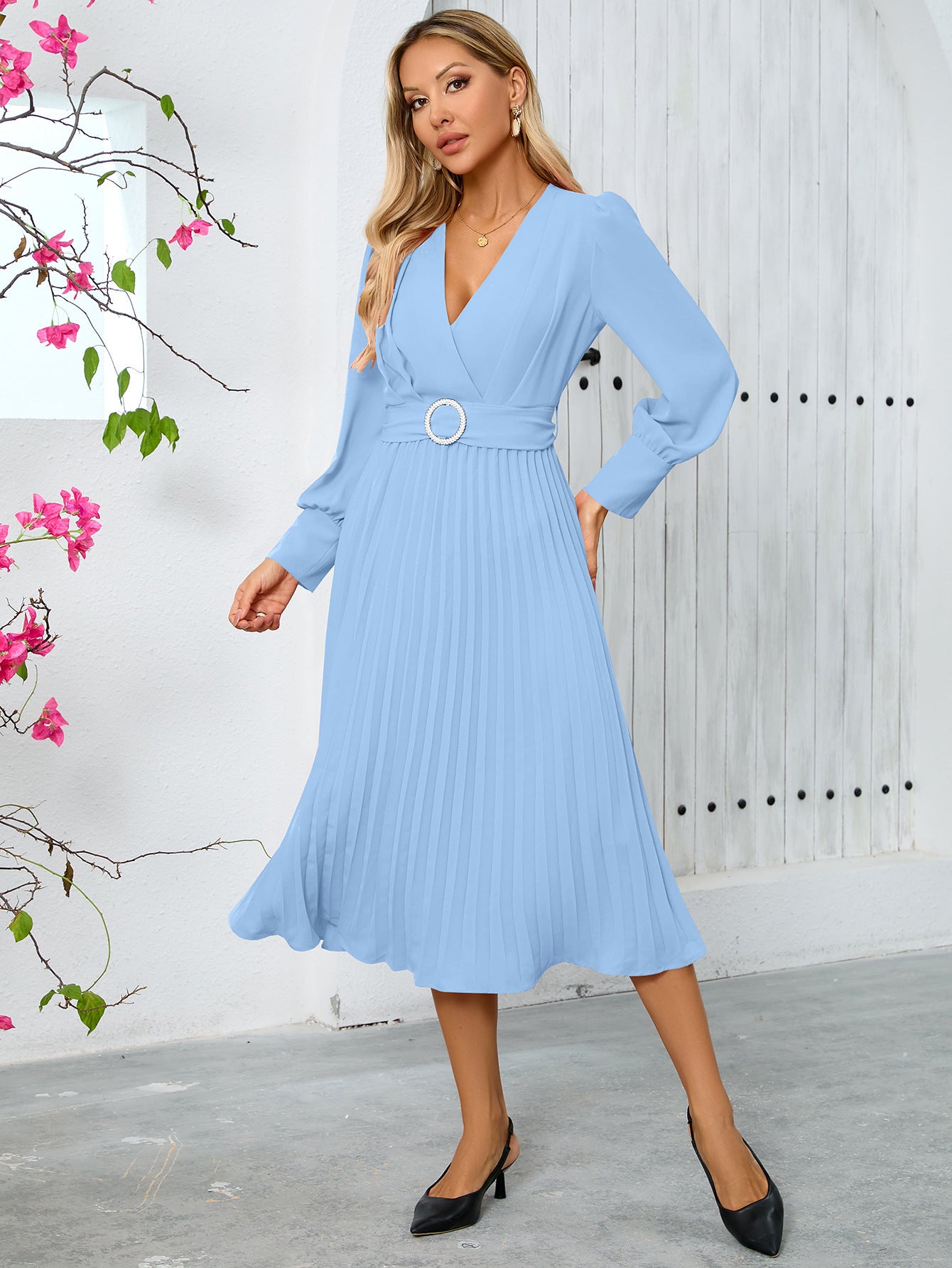 Autumn winter women's v-neck long-sleeved fashionable slim A-line long dress
