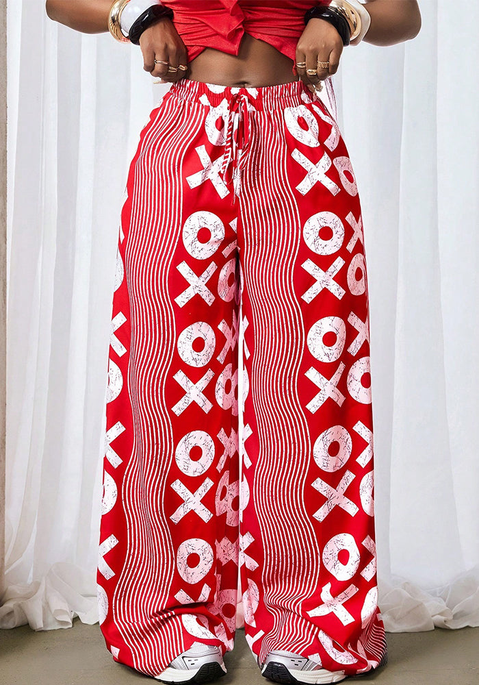 Women's Fashion Street Trendy Print Wide Leg Mid Waist Casual Long Pants