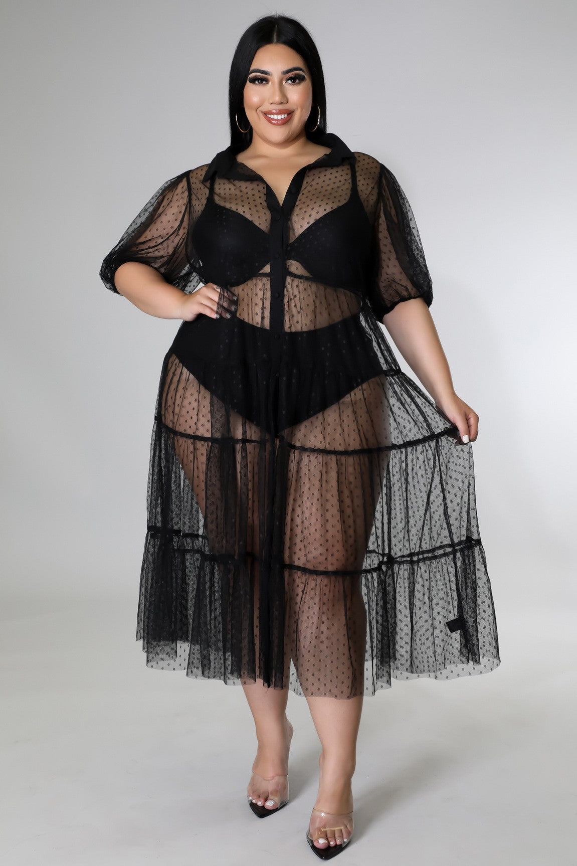 Plus Size Women Polka Dot Mesh Pleated Casual Dress 3