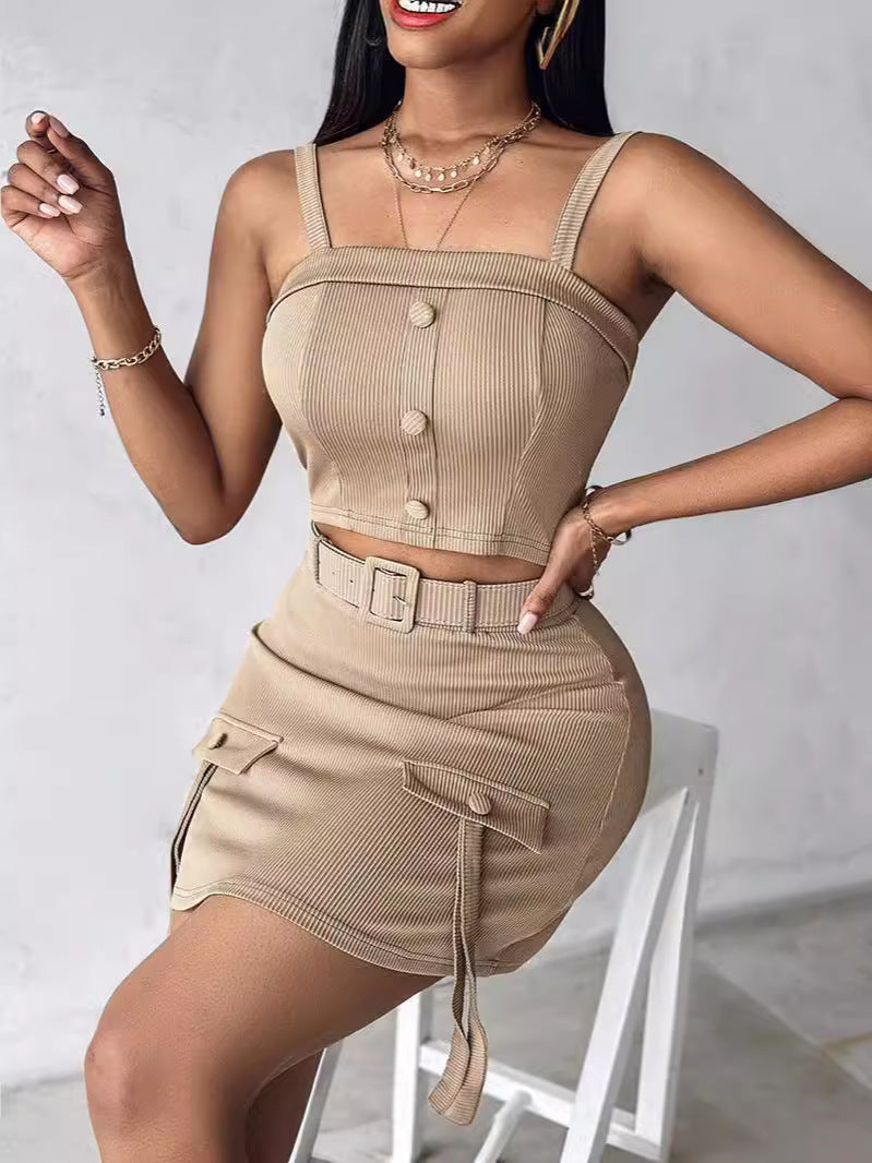 Women's Summer Autumn Button Square Neck Camisole Top Tight Slim Short Skirt Two Piece Set 6