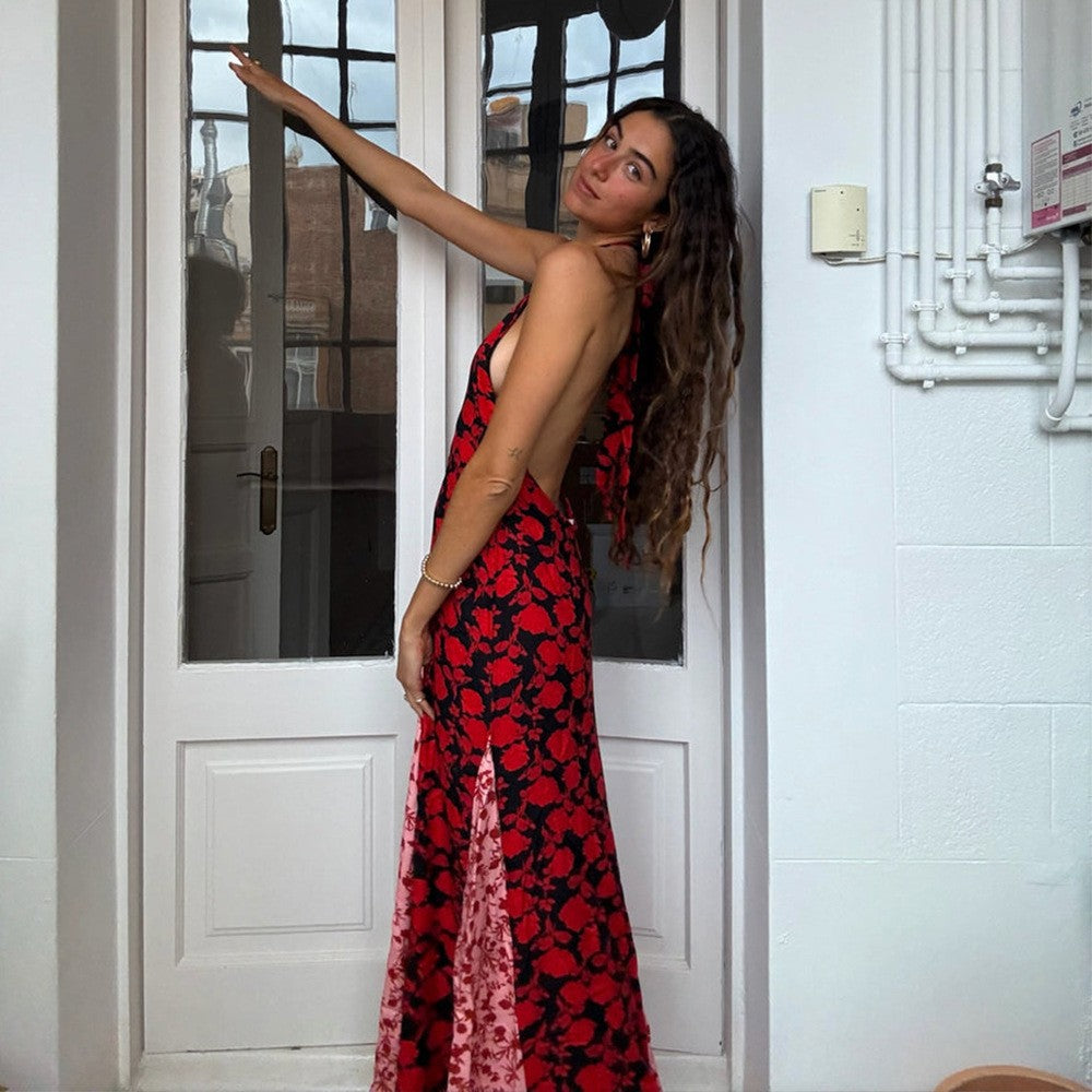 Women Summer Sexy V-Neck Lace-Up Polka Dot Patchwork Backless Maxi Dress 5