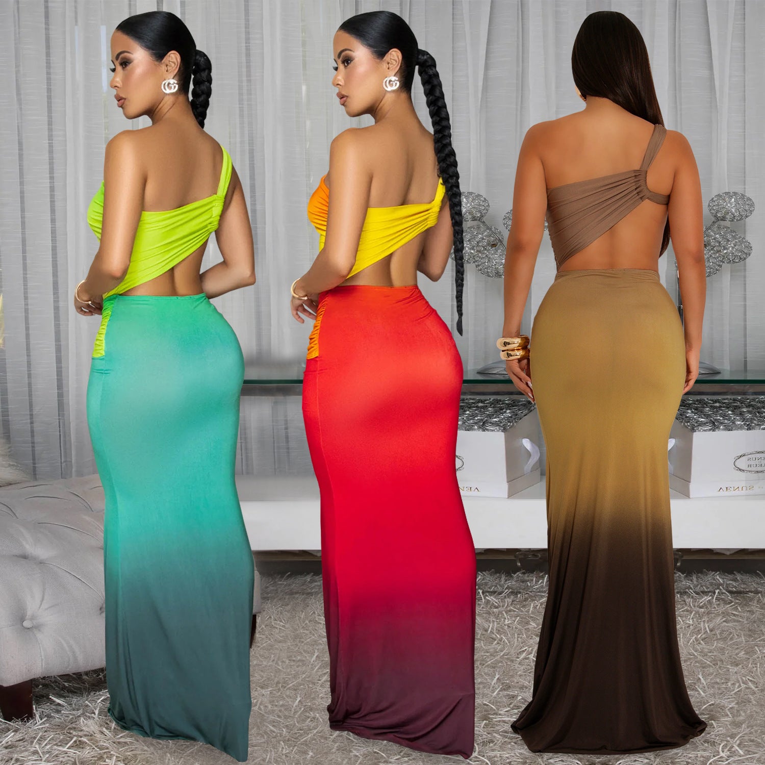 Fashion Women's Summer Sexy Slash Shoulder Bodycon Gradient Dress 11