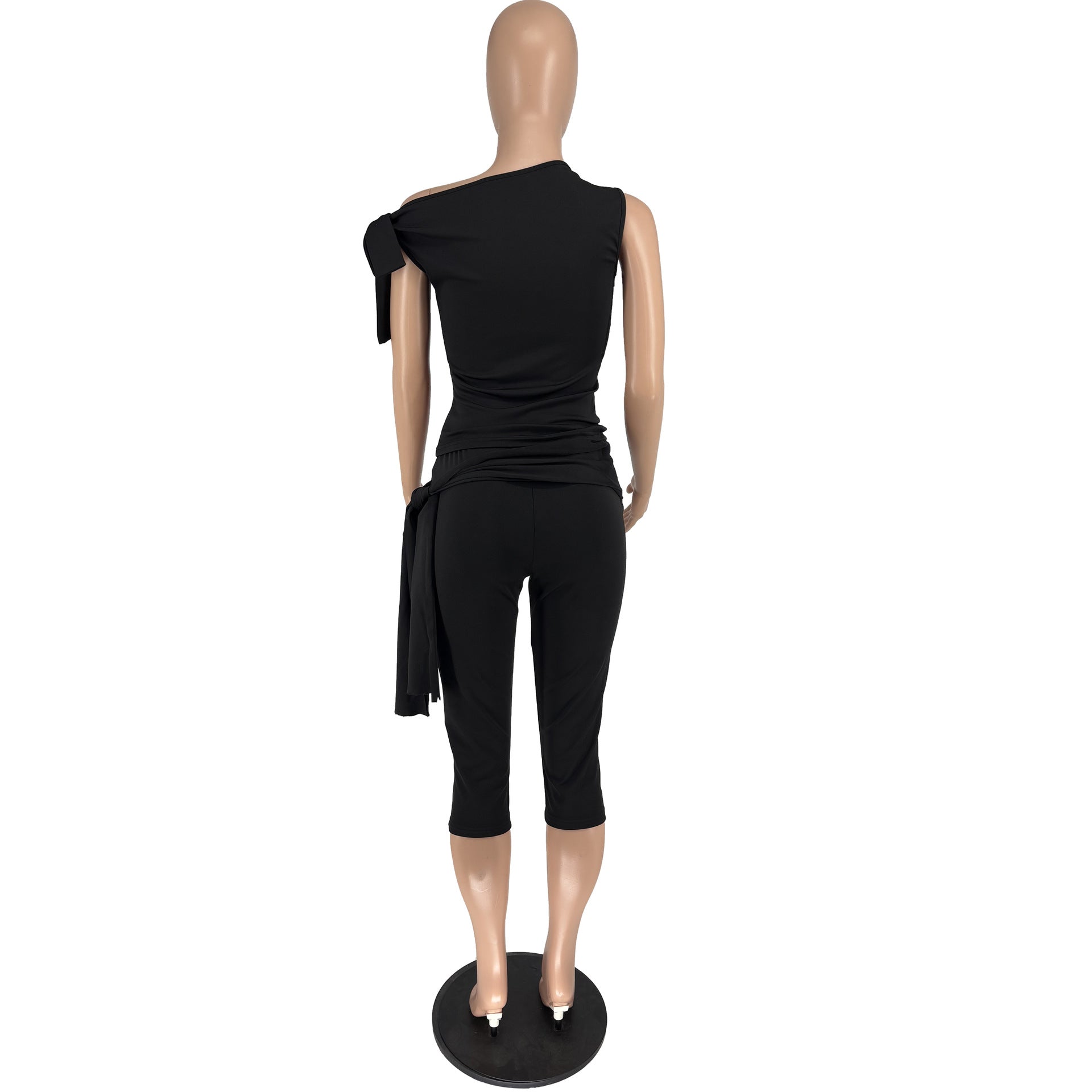 Women Summer Slash Shoulder Lace-Up Casual Solid Top and Shorts Two Piece Set 12