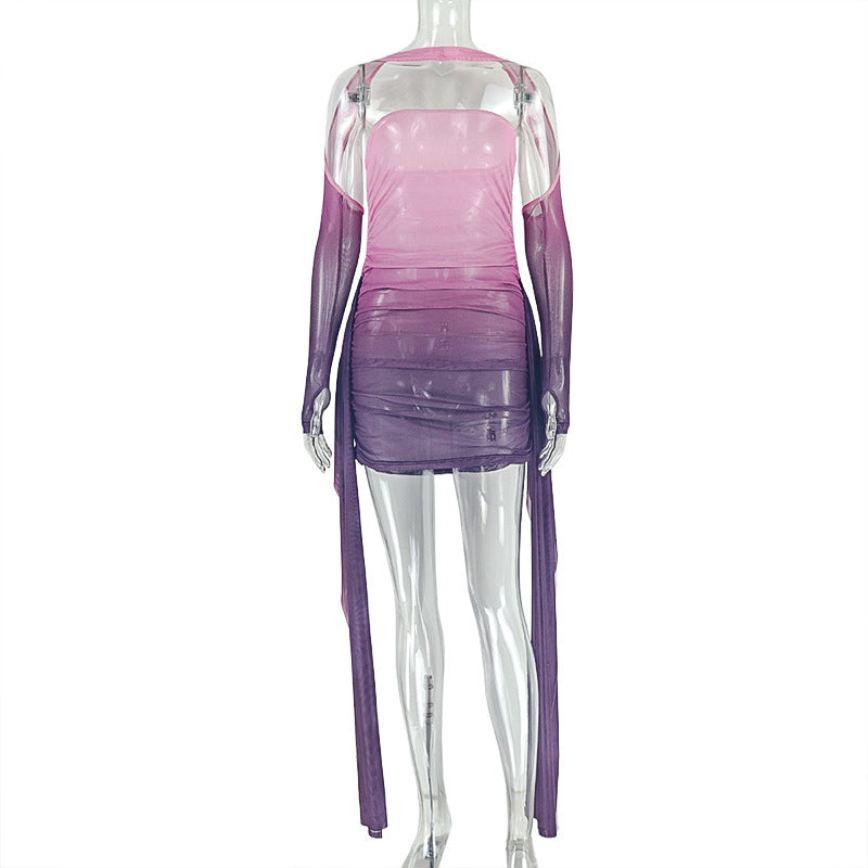 Women Ombre Strapless Off-Shoulder Lace-Up Long-Sleeved Bodycon Dress 6