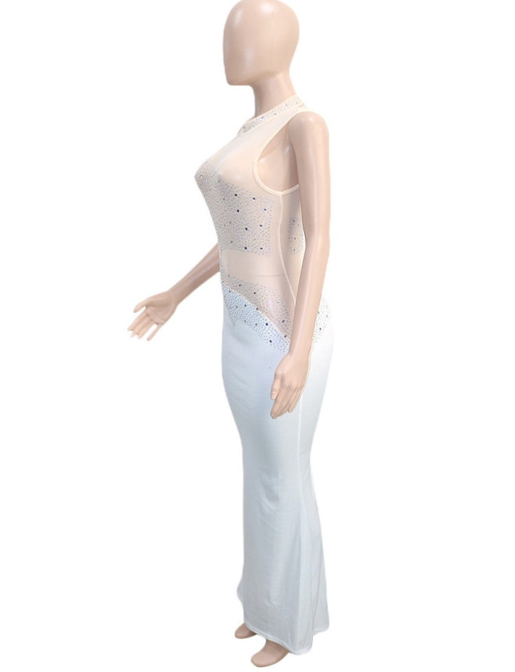 Winter Sexy White Beaded Mesh Patch Sleeveless Evening Dress 4