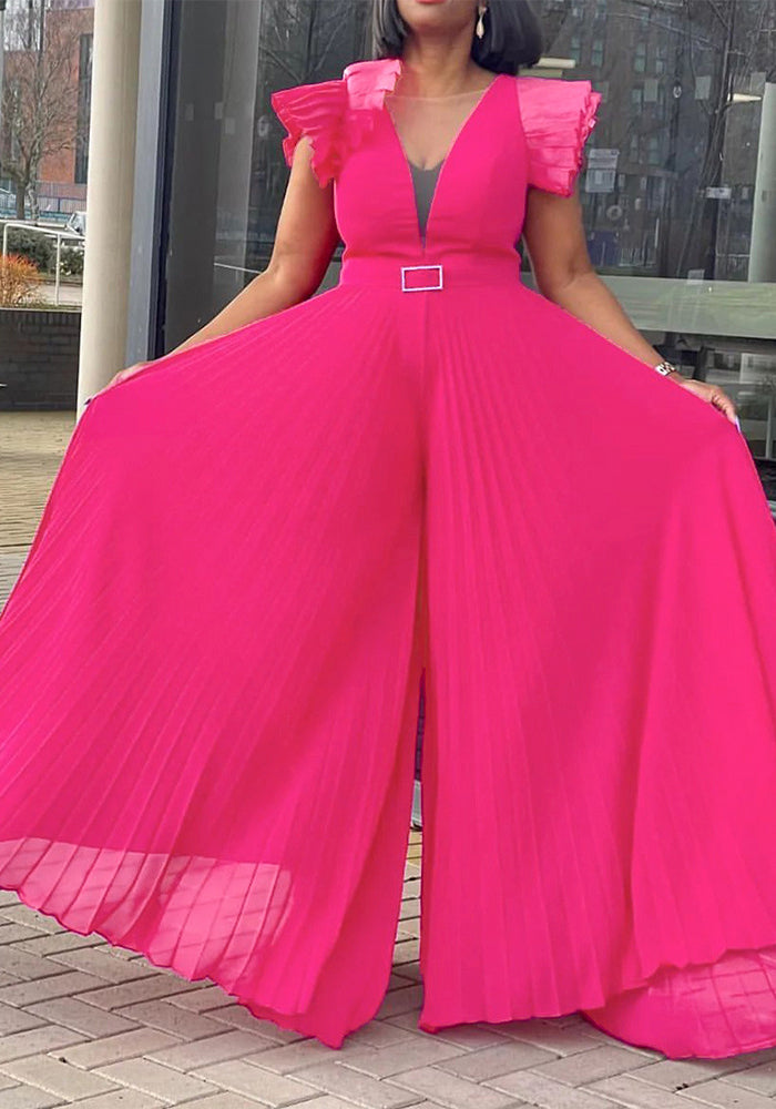 Belted Plus Size Women'smesh See-Through Sexy Pleated Wide Leg Slim Waist Jumpsuit