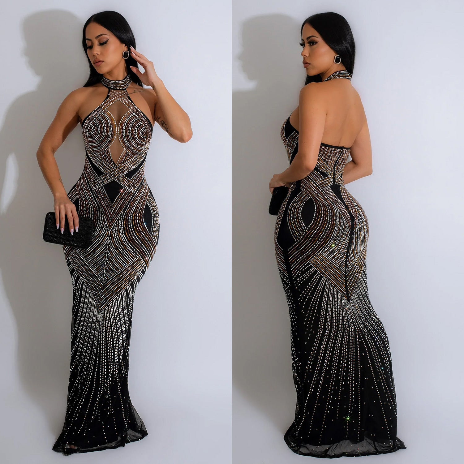 Women Solid mesh Beaded Halter Neck Long Dress