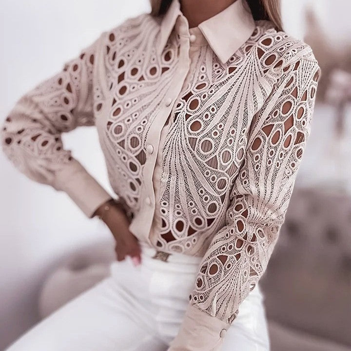 Spring Autumn Career Women Fashion Lace Hollow Long-Sleeved Shirt 7